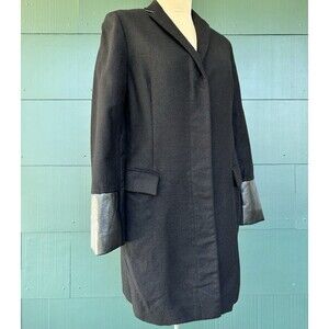 HACHE Italy Black Wool Coat Jacket 100% Wool  Faux Leather Cuff  IT 40 Small